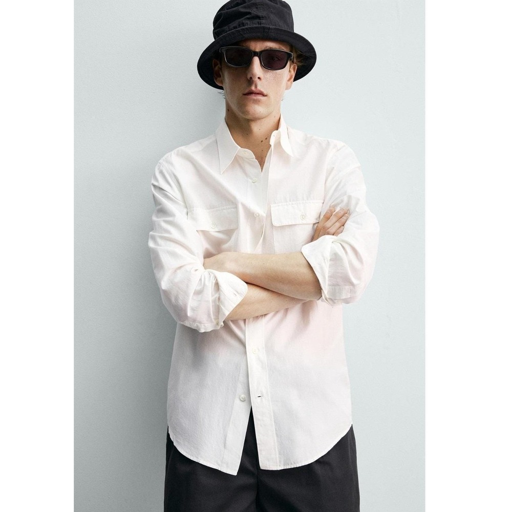 Aaron Levine ZARA Silk Relax Flowy Button Work Shirt Men Large Off White Cotton - Picture 10 of 14